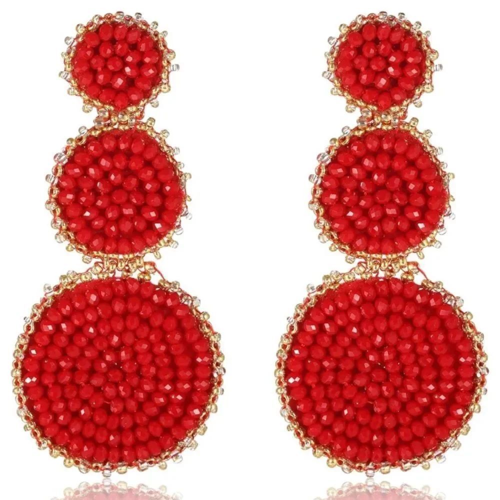 Red and Gold Beaded Triple Disc Round Boho Drop Statement Post Back Earrings